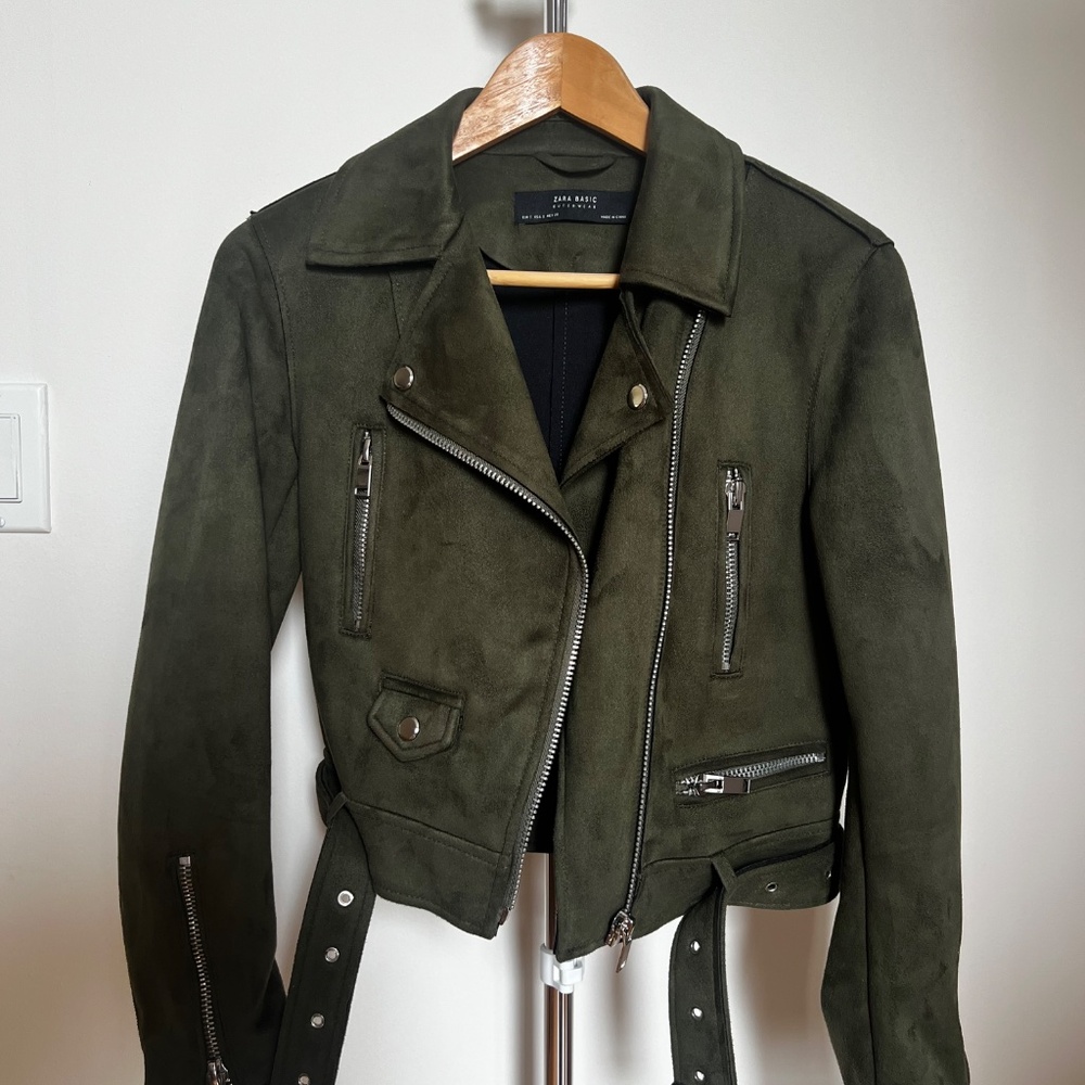 Zara Olive Green Cropped Moto Jacket - Picture 2 of 7